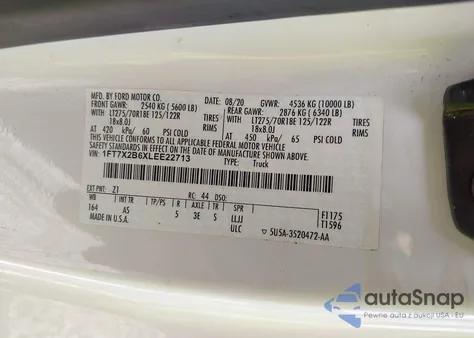 2020 Ford F-250 Xl from USA, damaged, VIN 1FT7X2B6XLEE22713